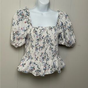 CeCe Womens White-Blue-Pink Floral 100% Cotton Puff Sleeve Smocked Blouse Size L